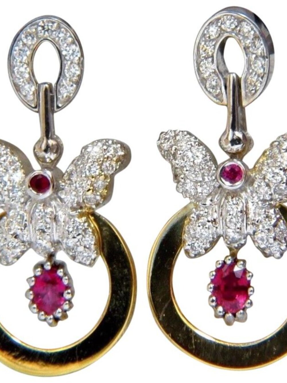 1.70CT NATURAL OVAL BRIGHT RED RUBY DIAMOND DANGLE BUTTERFLY EARRINGS 14KT*